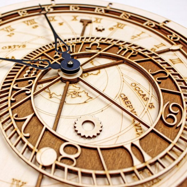 Multi-layered wooden Prague Orloj clock replica with precision laser cuts and silent German clock movement.