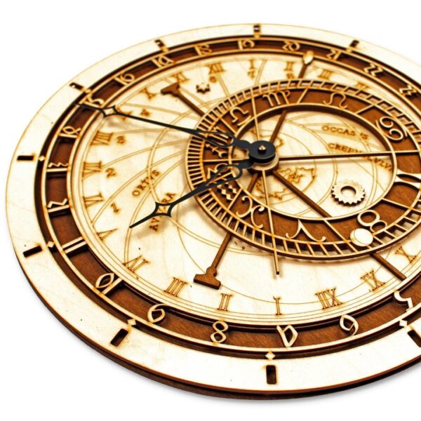 Decorative Prague astronomical clock in wood, available in 37cm, 48cm, and 70cm sizes, ideal for home decor.