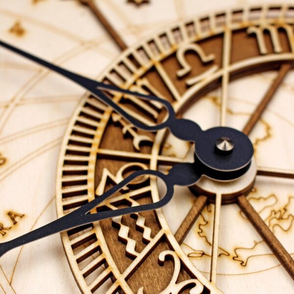 Custom handcrafted wooden Prague astronomical clock with Italian-made hands, ideal for historical decor.