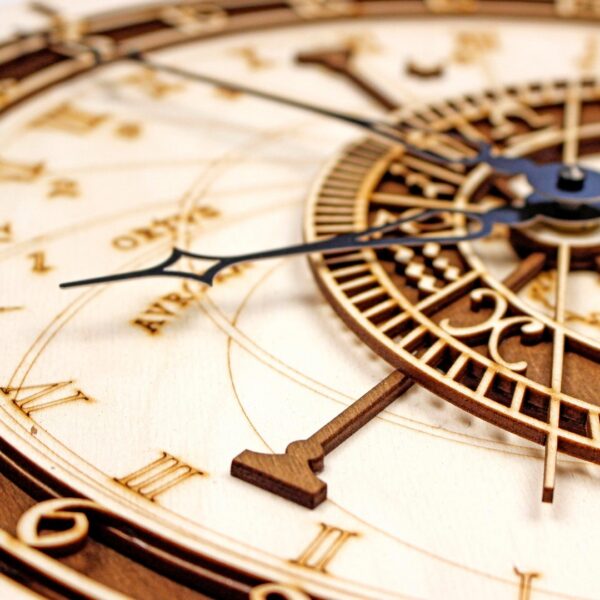 legant wooden wall clock inspired by Prague’s Orloj, featuring detailed laser-cut engravings and Roman numerals.